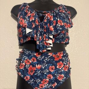 Floral Kids One Piece Swimsuit - Blue and Red